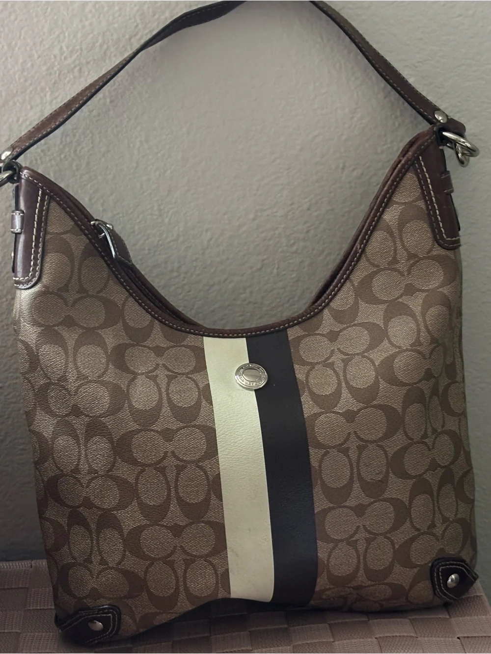 Coach Brown Signature Canvas Hobo with Cream and Dark Brown Stripe